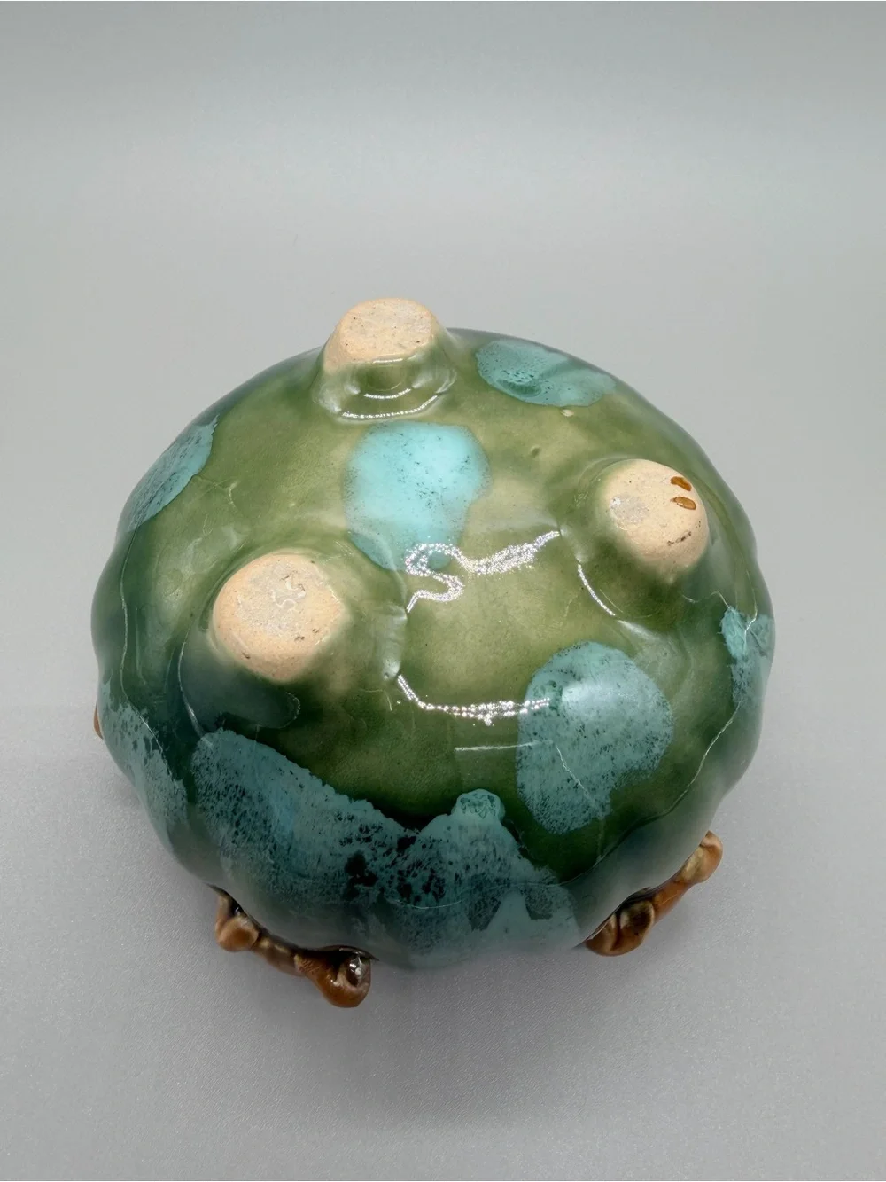 VTG Majolica Style Ceramic 6 Frogs Bowl Planter Green Drip Glaze Lily Pad 5